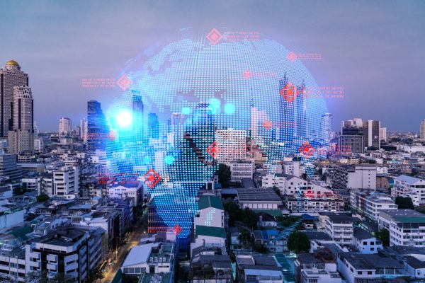 Glowing,Hologram,Of,Earth,Planet,Map,On,Aerial,Panoramic,Cityscape